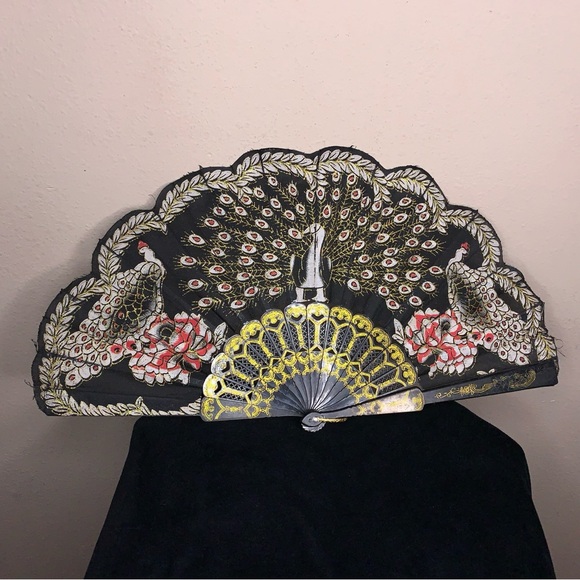Black Gold Red Peacock Hand Fan Lace Trim Glitter Glam Burlesque Goth Gift - Picture 7 of 10